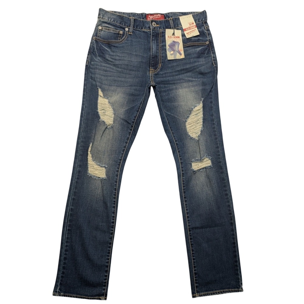 NWT Arizona Jean Co Slim Flex Denim Mens 32x32‎ Blue Distressed Ripped Jeans